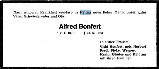 Bonfert Alfred 1910-1983 Todesanzeige